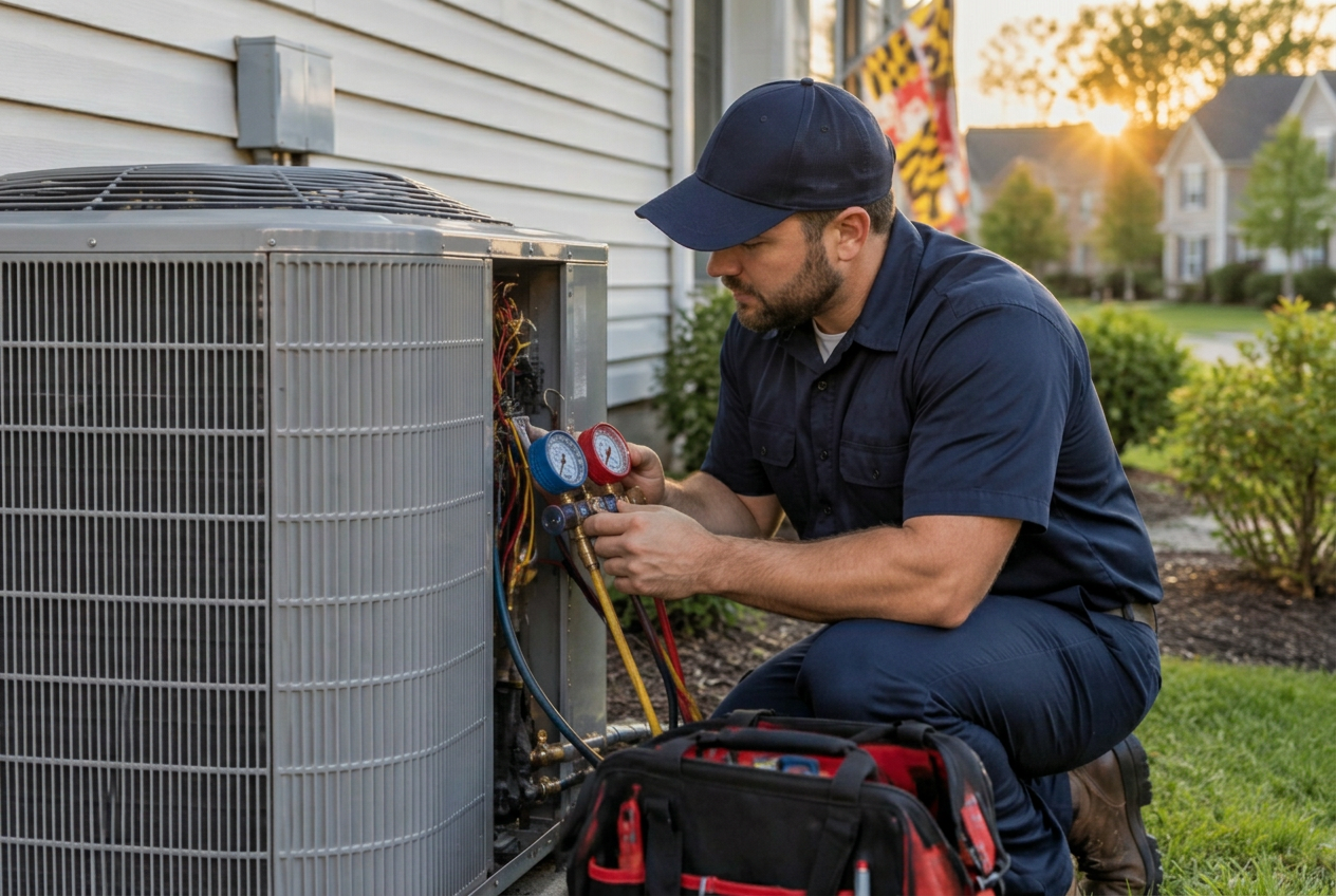 HVAC technician servicing a residential air conditioning unit